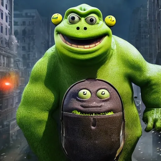 Image similar to mr. bean godzilla super mario pickle rick yoda donkey kong pikachu yeti shrek spongebob homer groot kermit in gears of war, splash art, movie still, detailed face, photorealistic facial features, cinematic lighting, dramatic, octane render, long lens, shallow depth of field, bokeh, anamorphic lens flare, 8 k, hyper detailed, 3 5 mm film grain