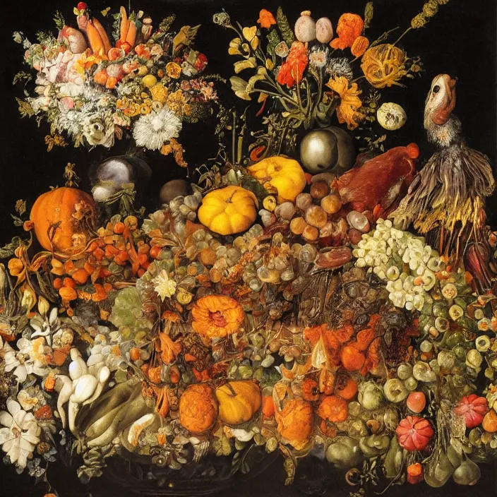 Image similar to victorian thanksgiving feast, flowers and fruits in a garden at night, black background, vanitas, a still life by giuseppe arcimboldo, a flemish baroque by jan van kessel the younger, intricate high detail masterpiece