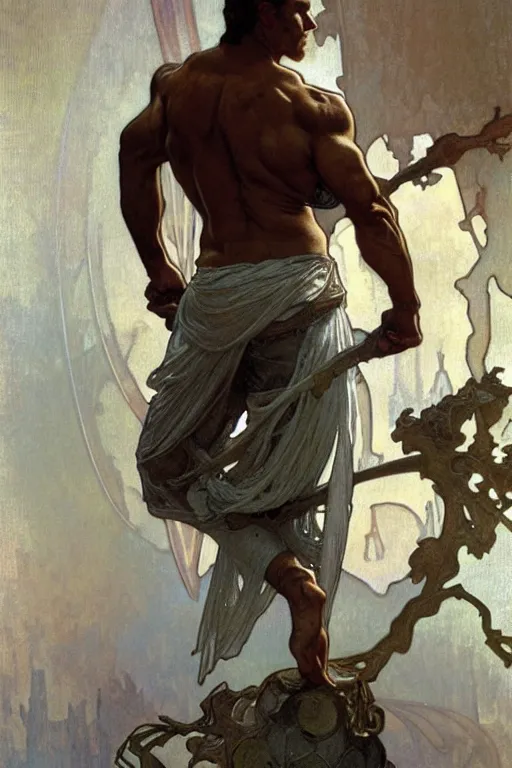 Prompt: A man wearing silver clothes, muscular, fantasy, painting by greg rutkowski and alphonse mucha