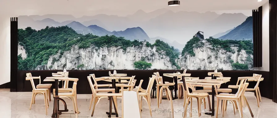 Prompt: a beautiful simple interior 4 k hd wallpaper illustration of small roasted string hotpot restaurant restaurant pagoda hill, wall corner, from china, wallpaper with mountains and white tile floor, rectangle white porcelain table, black chair, fine simple delicate structure, chinese style, simple style structure decoration design, victo ngai, 4 k hd