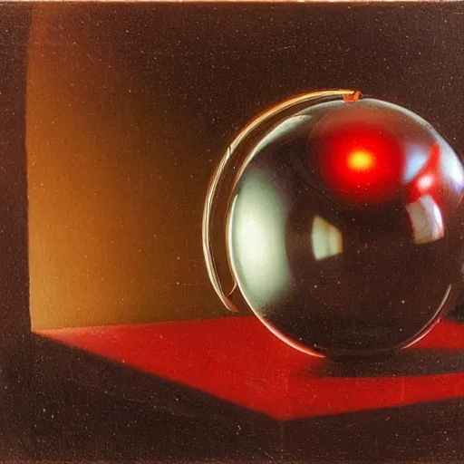 Prompt: chrome spheres on a red cube by carl gustav carus