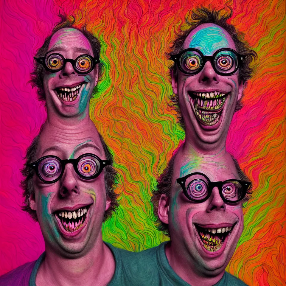 Image similar to happy and funny psychedelic best friends todd solondz tripping on lsd, laughing, diffuse lighting, fantasy, intricate, elegant, highly detailed, lifelike, photorealistic, digital painting, artstation, illustration, concept art, smooth, sharp focus, art by francis bacon