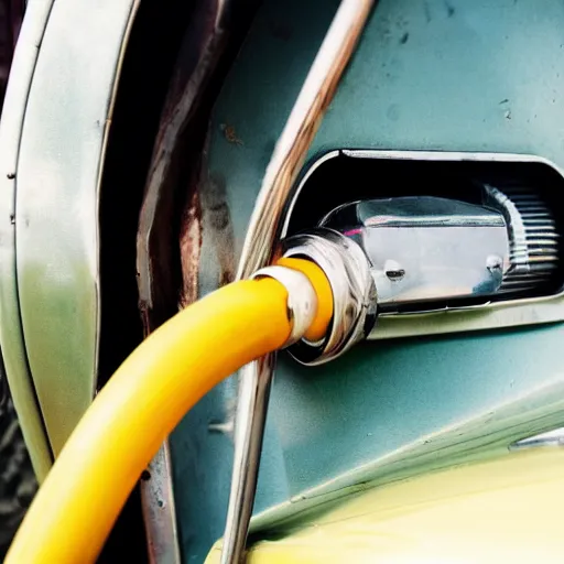 Image similar to a close-up high quality photo of a man about to pump gas into an old Buick, mid day, William Eggleston style