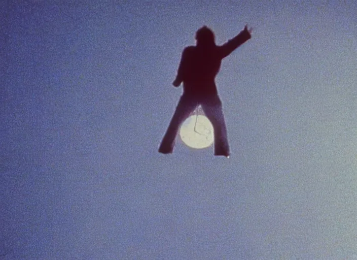 Prompt: a still from a 1 9 8 5 film with a man lifelessly floating 1 0 feet above the ground at night