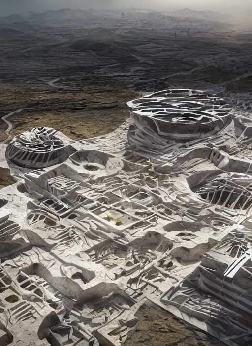 Image similar to bioremediation white mining tailing futuristic architecture in chuquicamata, epic, cinematic, hyperealistic, high detailed, corona render, hdr, ray tracing