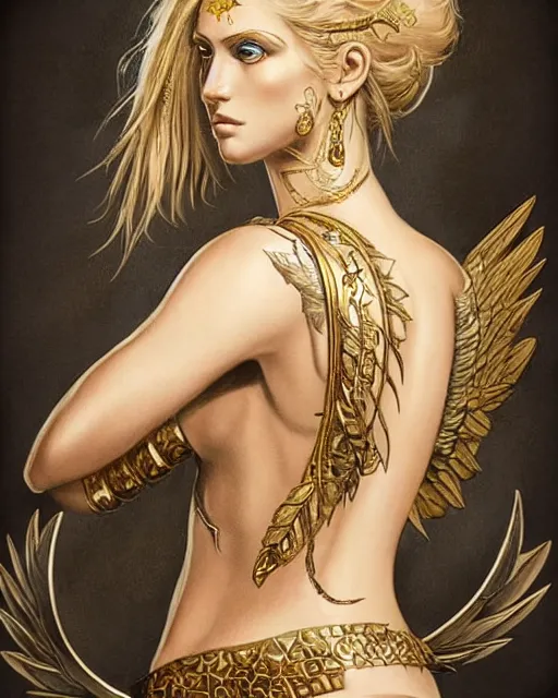 Image similar to tattoo sketch of blonde super model aphrodite greek goddess wearing a gold laurel wreath and triangle earrings, beautiful piercing gaze with sharp pupils, in the style of greg rutkowski, fantasy, amazing detail, epic, elegant, smooth, sharp focus, front view