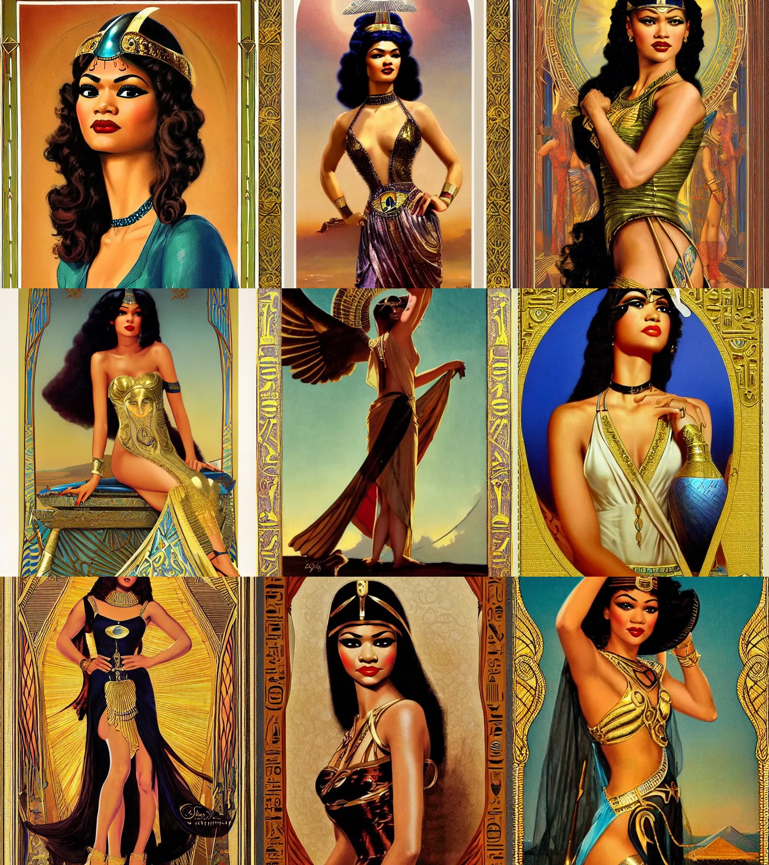 Prompt: zendaya as isis the Egyptian goddess, a beautiful art nouveau portrait by Gil elvgren, Nile river environment