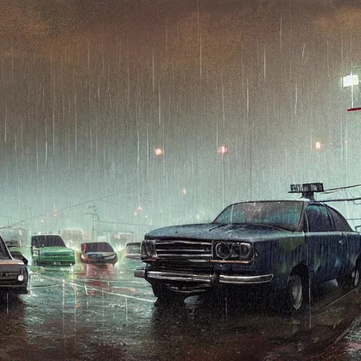 Image similar to a picture of a bunch of cars in the rain, a digital painting by scott listfield, cgsociety, sots art, apocalypse art, dystopian art, concept art