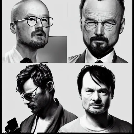 Image similar to Hideo Kojima and Christopher Nolan as Jesse Pinkman and Walter White, matte paint, portrait, very coherent, airbrush