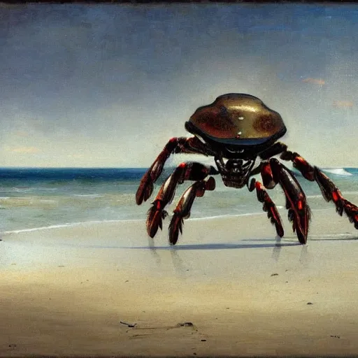 Prompt: A portrait of a mechanical crab on the beach, Henrique Alvim Corrêa, Joan Roig i Soler, ocean, waves, favela