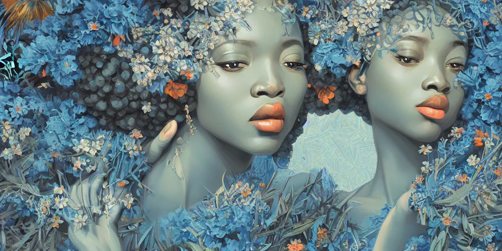 Prompt: breathtaking detailed concept art painting art deco pattern of afroamerican faces goddesses amalmation light - blue flowers with anxious piercing eyes and blend of flowers and birds, by hsiao - ron cheng and john james audubon, bizarre compositions, exquisite detail, extremely moody lighting, 8 k