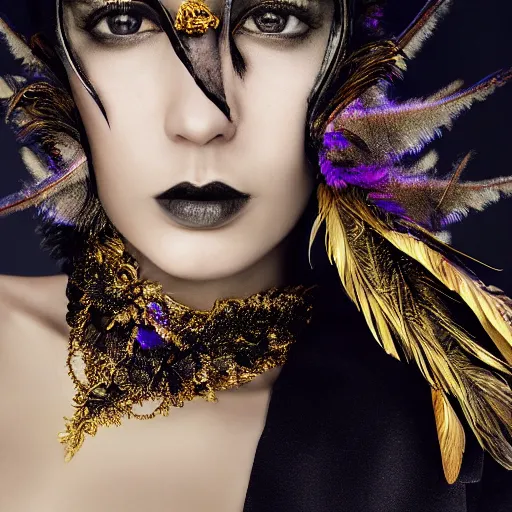 Prompt: a hyperrealistic high fashion portrait of a fierce proud queen of ravens, in a black dress with a collar made of iridescent feathers and golden adornments, photorealistic, intricate details, by zhang jingna and soey milk and amir ershadi and anja millen