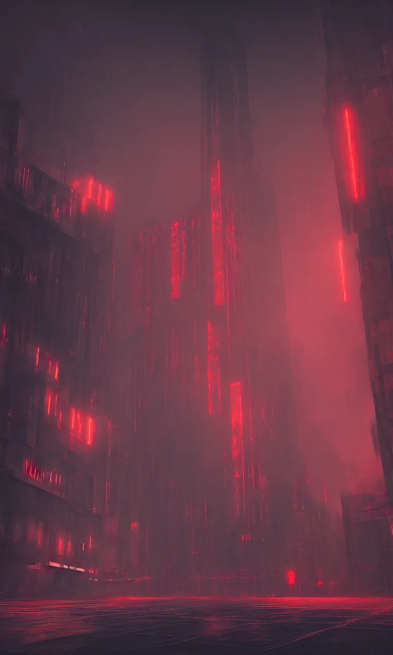 Prompt: Matte painting of dark brutalist cyberpunk cathedral with red neon signs, abandoned streets, cityscape, dark sky, hyper realism, fog, 8k, trending on artstation