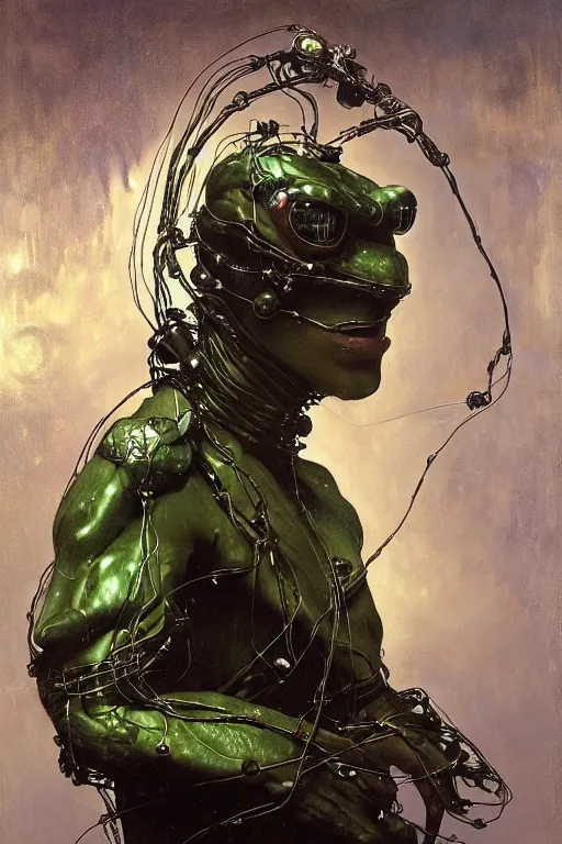 Image similar to hyperrealist portrait of a human with frog head dressed as a spaceship pilot, it is decorated with long wires that fall like vines and wears small computers over their body. by jeremy mann and alphonse mucha, fantasy art, photo realistic, dynamic lighting, artstation, poster, volumetric lighting, very detailed faces, 4 k, award winning