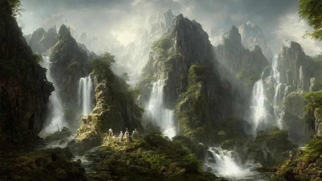 elven architecture above the great alpine waterfall. | Stable Diffusion ...