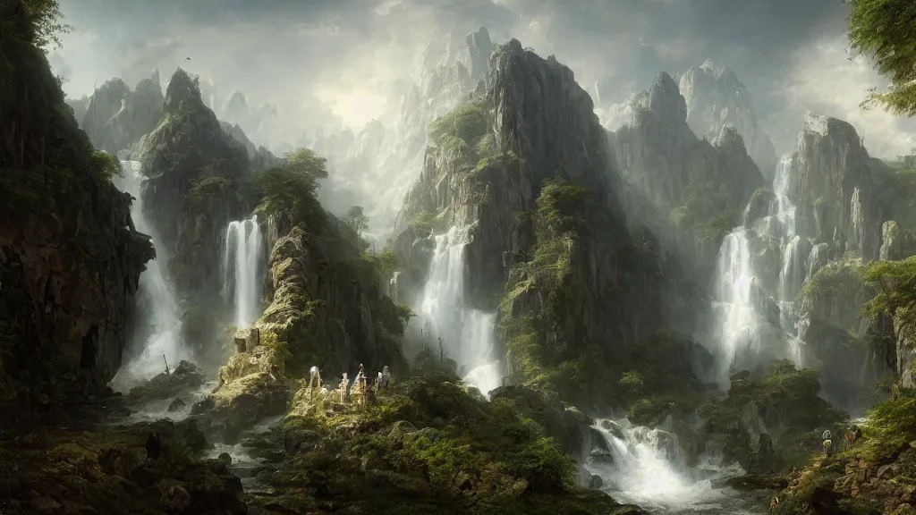 Prompt: elven architecture above the great alpine waterfall. andreas achenbach, artgerm, mikko lagerstedt, zack snyder, tokujin yoshioka