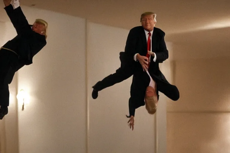 Image similar to donald trump as a spy hanging from a ceiling, breaking in, mission impossible photograph, tv show, cinematic
