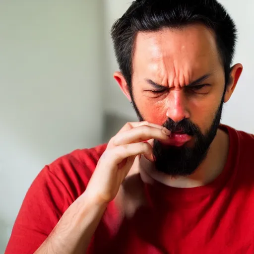 Prompt: a photograph of a man furiously typing a response to a mean internet post while steam comes from his ears and his eyes glow red