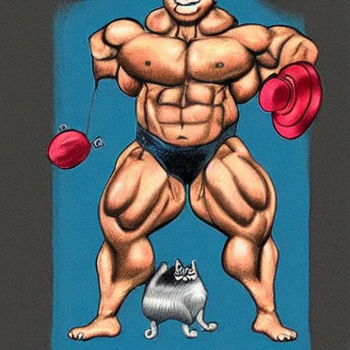Prompt: a colored caricature drawing of a cat that is a bodybuilder