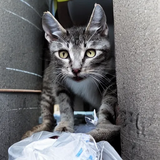 Prompt: once there was a little alley cat without a name. he lived among the trash and only came out at night, a quantum computer in the garbage