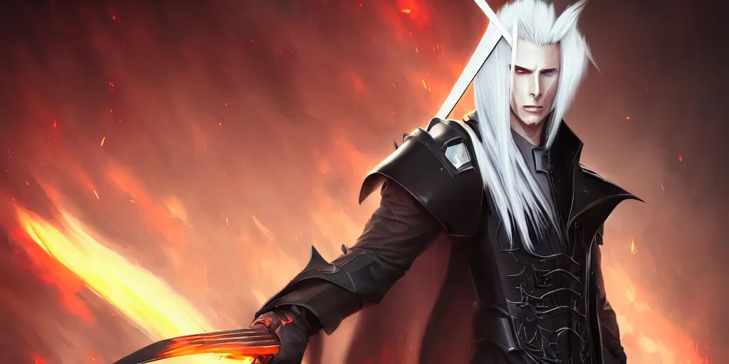 Image similar to digital art of a pale menacing Sephiroth with piercing eyes, gilded black uniform, he commands the fiery power of resonance and wrath, by WLOP, Artstation, CGsociety