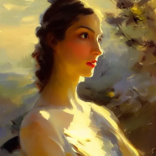 Image similar to beautiful and stunning portrait of a woman in a serene environment. by Antoine Blanchard and John Singer Sargent, trending on artstation 8k hq, art deco, cinematic lighting