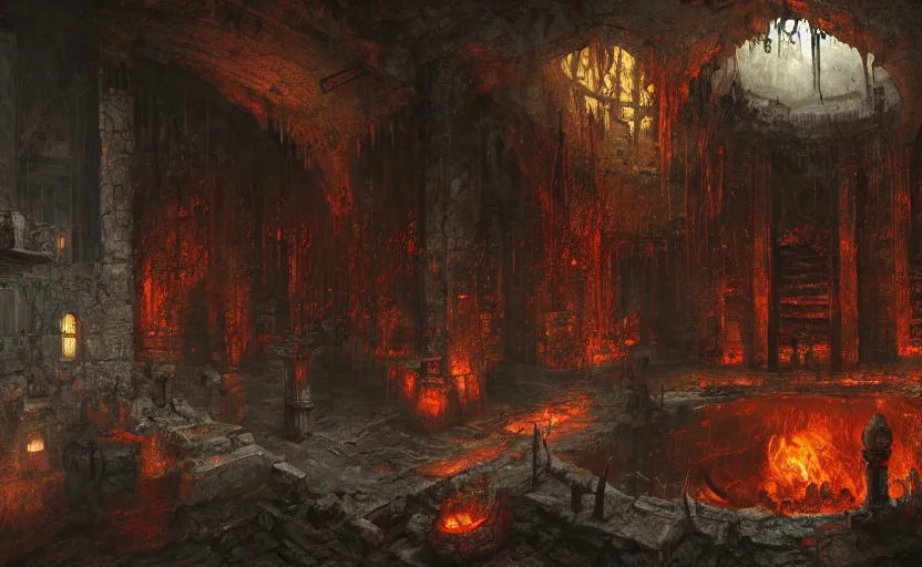 Prompt: a detailed matte painting of one of hells most infamous torture chambers, in the 8 th layer of hell, in the style of doom eternal and dark souls, unreal engine, trending on cgsociety, highly detailed, digital painting, concept art, 4 k wallpaper