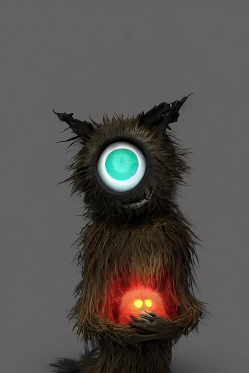 Prompt: 3 d model of a evil fur monster with glowing eyes by alexander jansson : 1 | centered, dark rainbow color scheme, black background, matte background : 0. 9 | by jim henson and dave melvin : 0. 4 | unreal engine, deviantart, artstation, octane, finalrender, concept art, hd, 8 k resolution : 0. 8