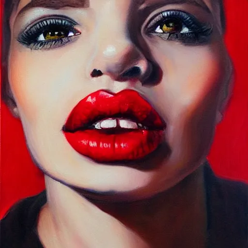 Prompt: hyperrealism oil painting, fashion model portrait, red lip stains, roses