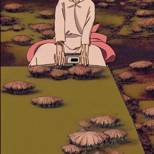 Prompt: a paradox of selfing, yes - and life in the excluded middle, mycelial mani - un - fold meta - fielding becomings and goings, in the style hayao miyazaki