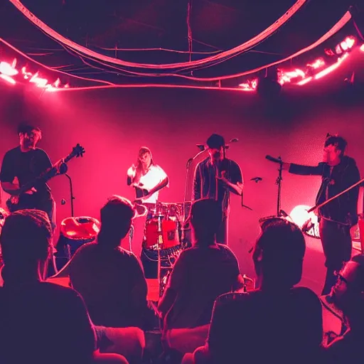 Image similar to 6 people sitting in circle, a fire in the middle in the floor of a small stage of a band, drummer is there behind them. red neon lights good mood, nice ambience singing