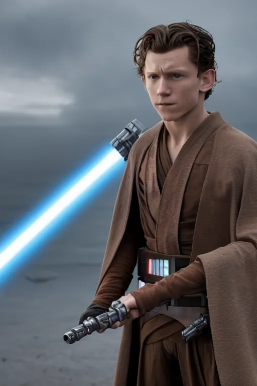 Image similar to tom holland as a jedi in a new star wars film, 3 5 mm photography, highly detailed, cinematic lighting, standing pose, holding lightsaber 4 k