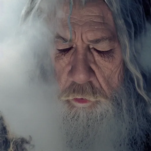 Image similar to gandalf eyes closed surrounded by smoke