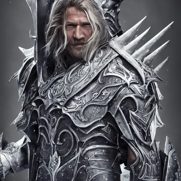 Prompt: portrait of Nikolaj Coster-Waldau as Arthas The Lich Kingdom. intricate abstract. intricate artwork. nightmare fuel. octane render, trending on artstation, very coherent symmetrical artwork. cinematic, hyper realism, high detail, octane render, 8k, iridescent accents