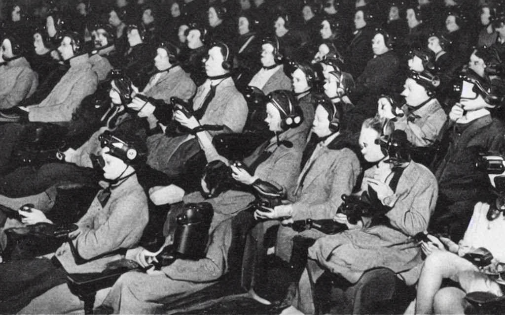 Image similar to 1 9 0 0 s photo of people using iphones ipods virtual reality headsets vr watching hd tv in a movie theater