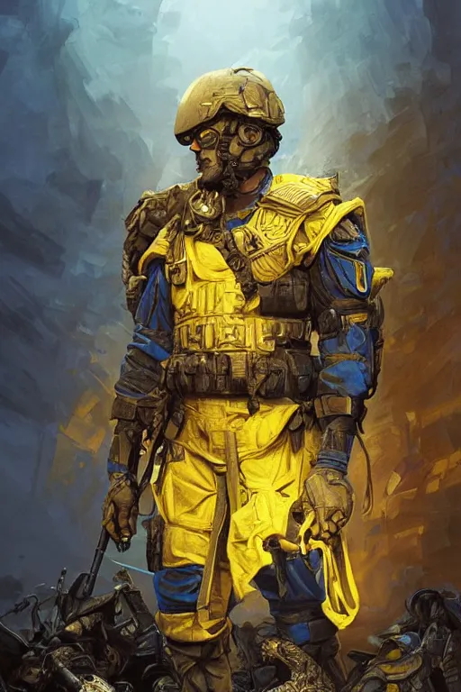 Image similar to special forces soldier with ukrainian blue yellow flag standing on a pile of skulls as a winner, masculine figure, d & d, fantasy, bright atmosphere, volumetric lights, intricate, elegant, extremely detailed, digital painting, artstation, concept art, matte, smooth, sharp focus, hyper realistic, illustration, art by artgerm and greg rutkowski and alphonse mucha