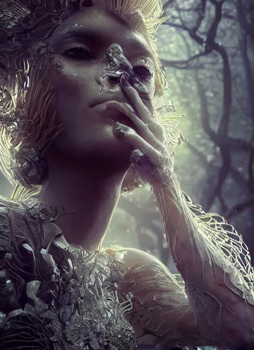 Image similar to beauteous sumptuous biomechanical incredible hair, crystalline masterpiece incrustations, hyperdetailed face, elegant pose, movie still, intricate, octane render, cinematic forest lighting, cgsociety, unreal engine, crepuscular rays, god rays