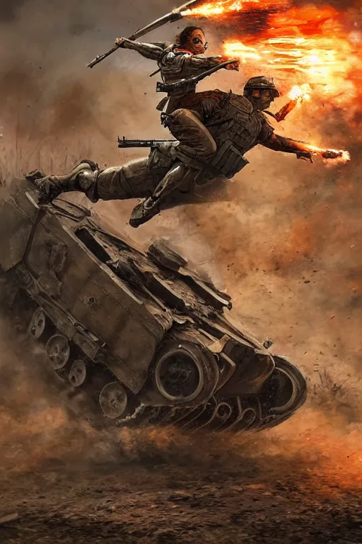 Image similar to a cyborg woman leaping onto a wwi tank and smashing it, on a battlefield, smoke, fires, explosions, in the style of noriyoshi ohrai, close - up, low angle, wide angle, cinematic, hyper - realistic, highly detailed digital art