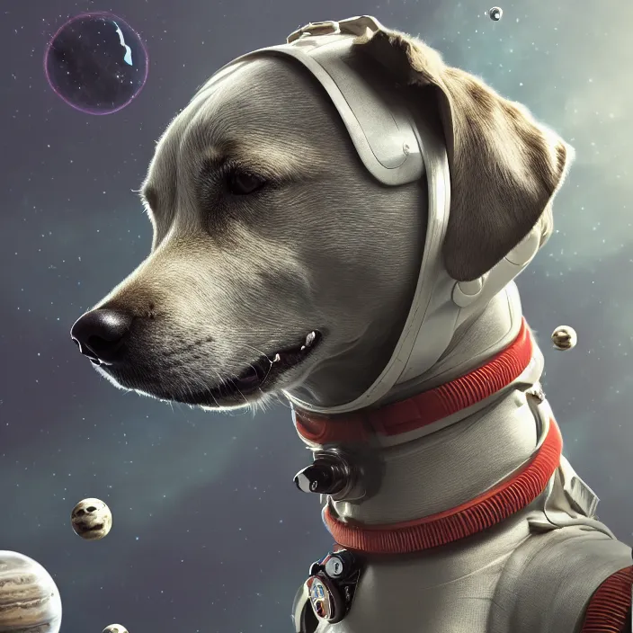 Prompt: very detailed portrait of a majestic dog, dressed in a spacesuit, sci - fi, futuristic, details, intricate, octane render, redshift, smooth, illustration, fairy lighting, stars and planets in the background, hyperrealistic, by dmitry prozorov, loish, and wlop, trending on artstation, hyperdetailed, hyperrealism