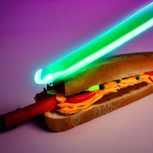 Image similar to an extremely high quality photo of a surreal neon-lightsaber-topaz-sandwich, the polymer clay ((sandwich)) creation, a hybrid mixture of sandwichopallightsaberrainbow and opalrainbowtopazlightsabers, promotional photo, 4k polymer clay food photography