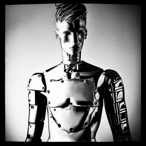 Image similar to “a realistic detailed photo of a guy who is an attractive humanoid who is half robot and half humanoid, who is a male android, rapper MGK, shiny skin, posing like a statue, blank stare”