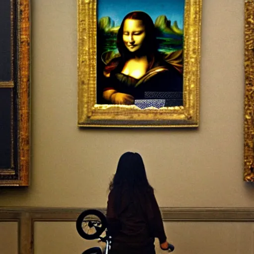 Prompt: Mona Lisa riding a bike