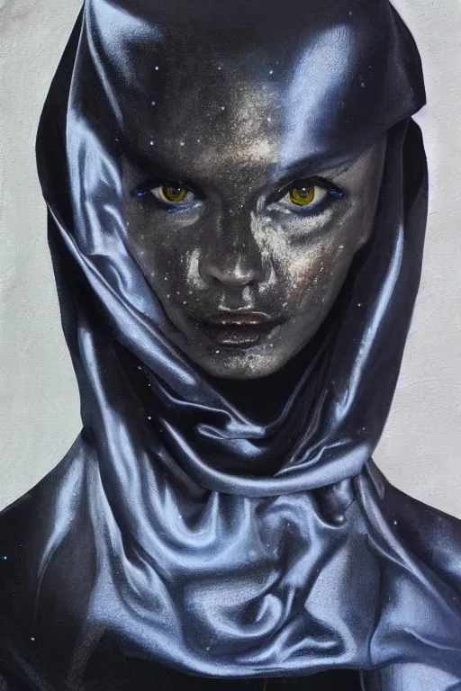 Image similar to hyperrealism oil painting, close - up portrait of albino medieval fashion model, black silk, steel gradient mixed with nebula sky, in style of baroque