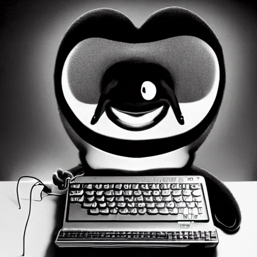 Image similar to a black and white photograph of a mischievous computer screen, by gary baseman, by robert crumb, by jim henson, high contrast, soft lighting, surreal, film photography