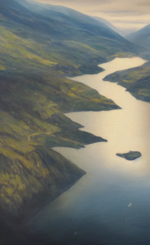 Image similar to nordic fjord, summer morning light, aerial view, beautiful landscape, cinematic light, soft illumination, cinematic composition, wide - angle, atmospheric, oil painting, trending on artstation
