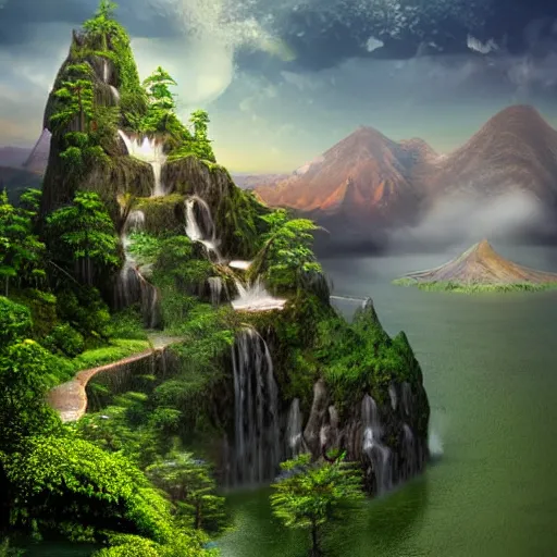 Image similar to photorealistic fantasy digital art depicting a very - distant aerial view of : at the peak of the world's tallest mountain is a small pond. a waterfall is falling from the pond down to the base of the mountain into a lake. the waterfall is unbelievably tall, and the mountain is extremely steep and narrow. there is a city surrounding the lake.