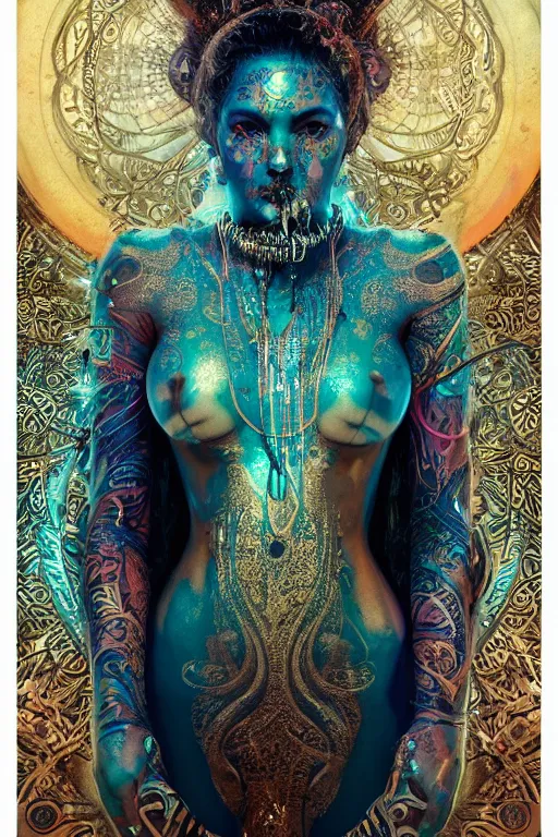 Prompt: a centered render of an mytical festival hippy with tribal tattoos wearing intricate metallic clothing surrounded by a underwater ink pour and flowing liquid gallium and sacred geometry, perfect body and face, gorgeous, cinematic, beautifully lit, by alberto seveso, by zack snyder, by donato giancola, 3 d, trending on artstation, octane render, 8 k