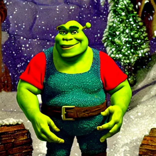 Prompt: shrek as seen in a claymation christmas special