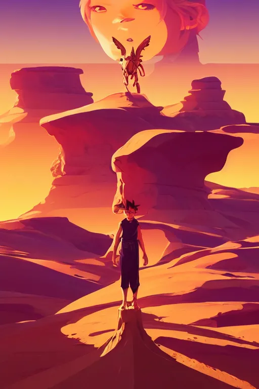 Image similar to final boss, desert scene, centered, solid bacgkround, median photoshop filter cutout vector behance, hd by artgerm, jesper ejsing, by rhads, makoto shinkai and lois van baarle, ilya kuvshinov, rossdraws, illustration, art by ilya kuvshinov and gustav klimt