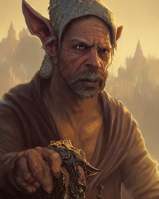 Image similar to A merchant selling treasuries, highly detailed face, fantasy art, goblin art, in the style of greg rutkowski, illustration, epic, fantasy, intricate, hyper detailed, artstation, concept art, smooth, sharp focus, ray tracing